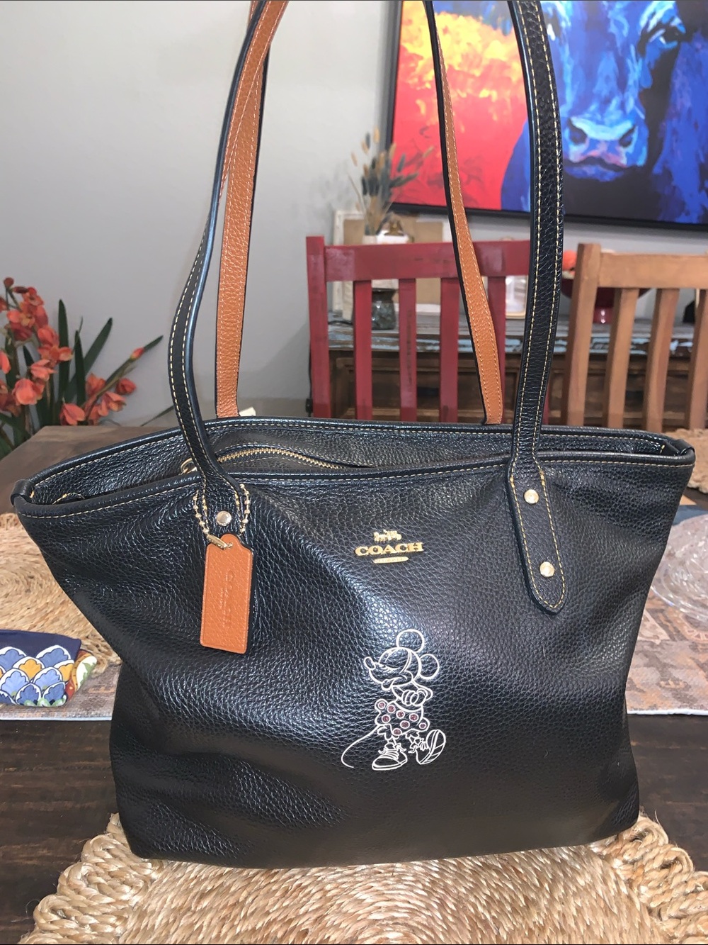 Coach & Disney Black Pebbled Leather Minnie Mouse Tote with Tan Trim
